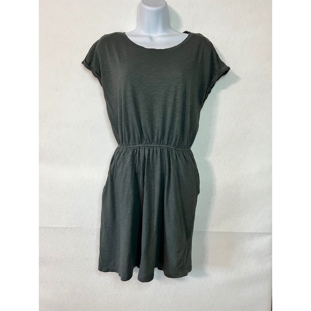 HM Basic Olive Green Elastic‎ Waist Boho Cottage Jersey Dress with Pockets Sz S